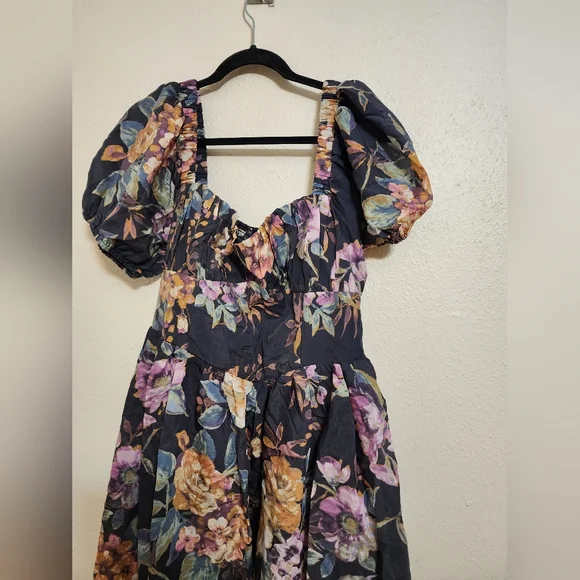 Lulus Adorable Tendencies Dark Grey Floral Puff Sleeve Midi Dress XXL Wedding - Picture 7 of 10